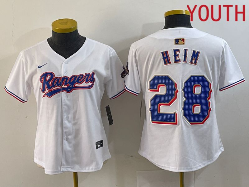 Youth Texas Rangers #28 Heim White Champion Game Nike 2024 MLB Jersey style 1
